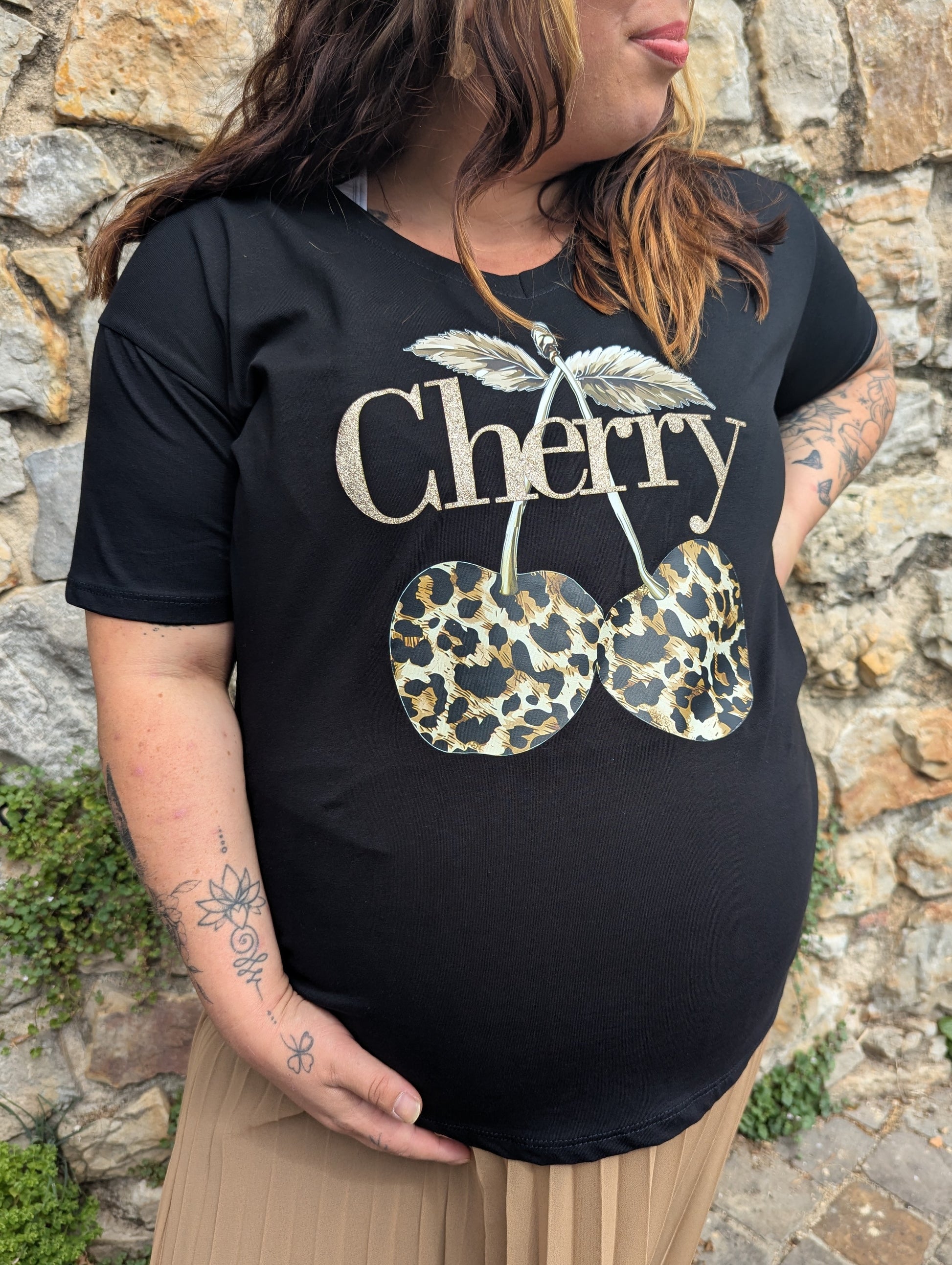 T-shirt cherry noir léopard doré paillettes grande taille