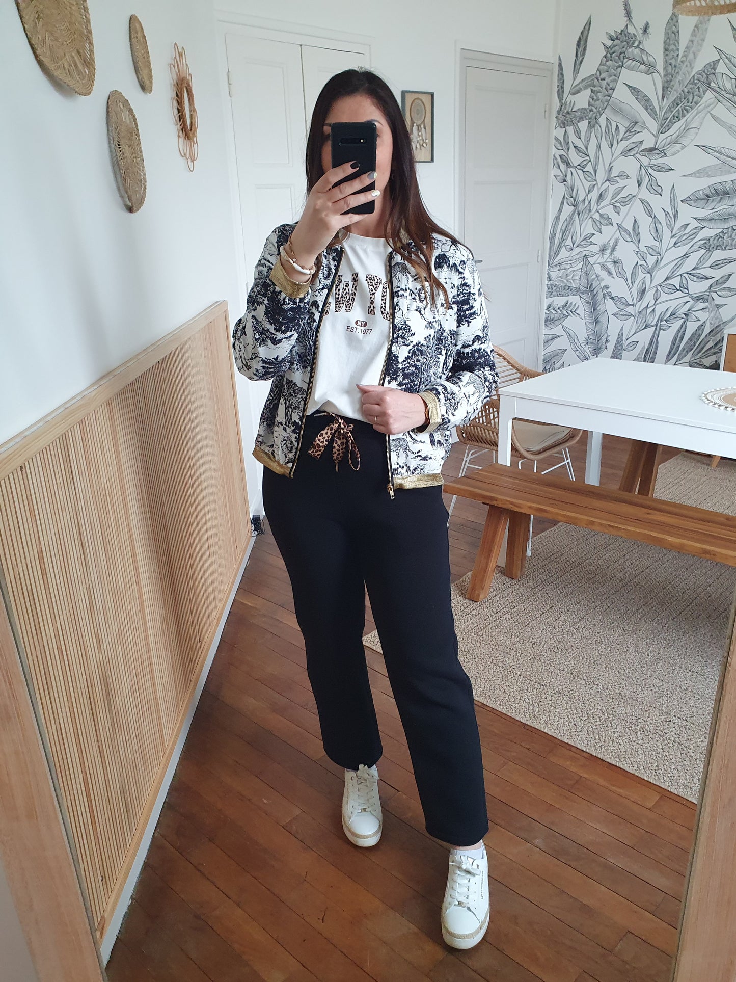 Bomber femme jungle noir et blanc détails dorés poches