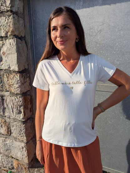 T-shirt telle mère telle fille blanc et doré col en v