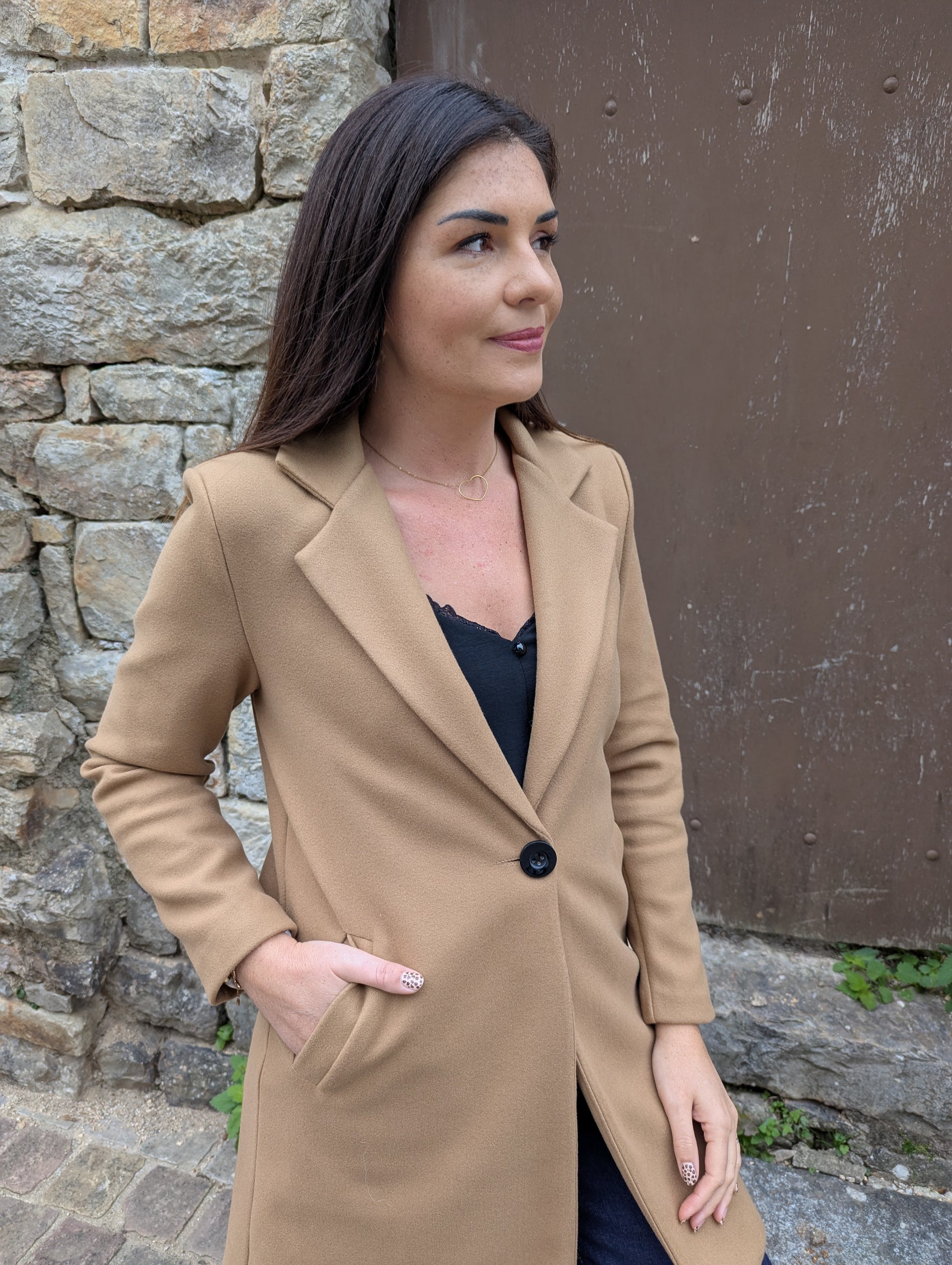 Caban femme camel mi long coupe classique femme