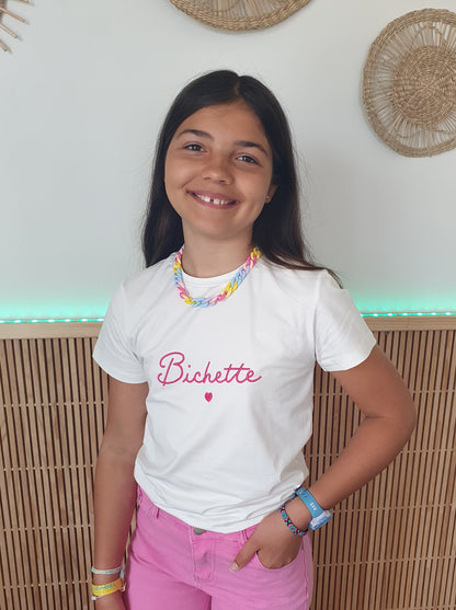 T-shirt Bichette blanc et rose fushia col rond fille