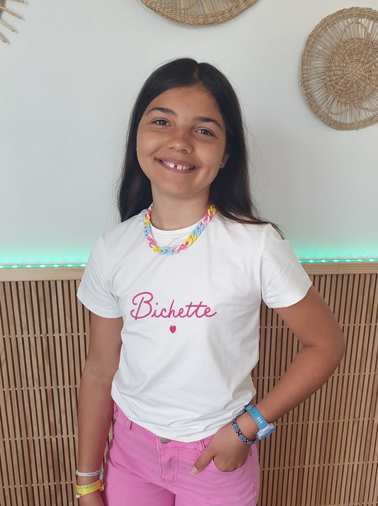 T-shirt Bichette blanc et rose fushia col rond fille