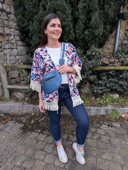 Kimono fleuri blanc rose marine femme avec franges écru