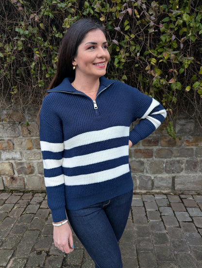 Pull rayé col camionneur bleu marine et blanc femme
