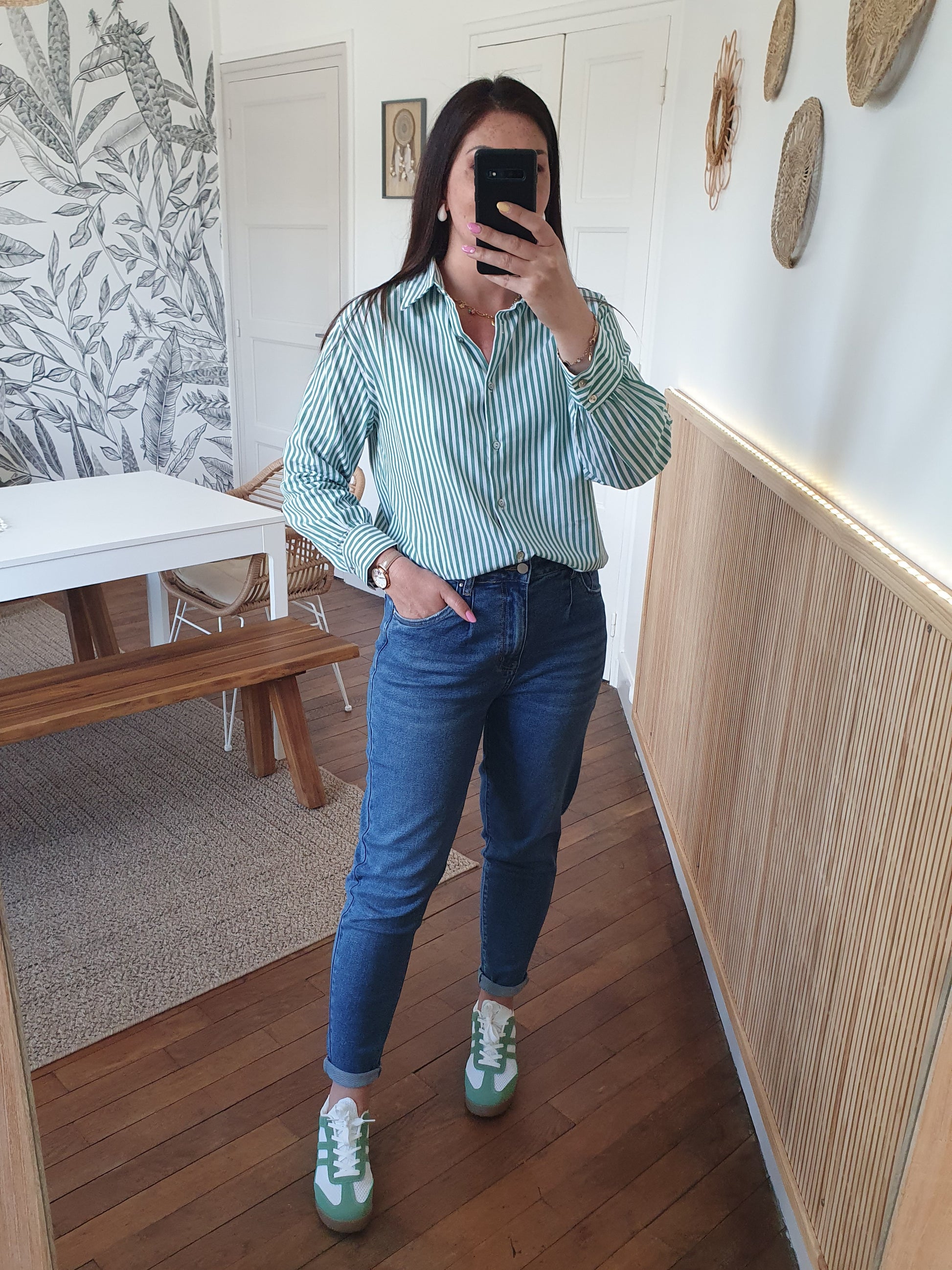 Chemise rayée vert et blanc coupe droite oversize fluide