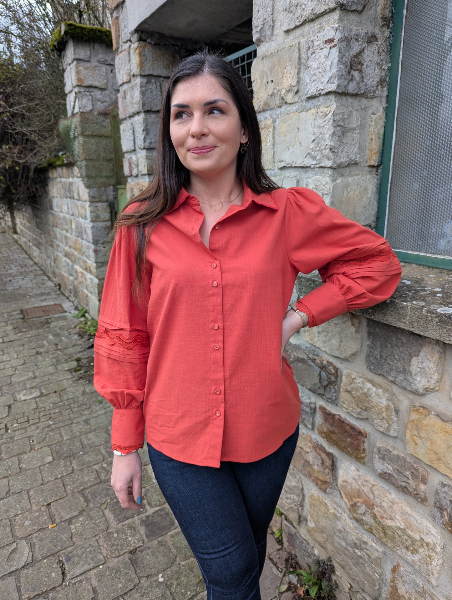 Chemise en coton terracotta avec dentelle femme