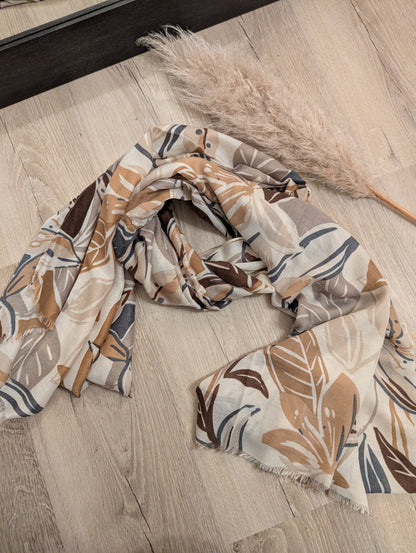 Foulard fleurs de lys beige marron gris femme
