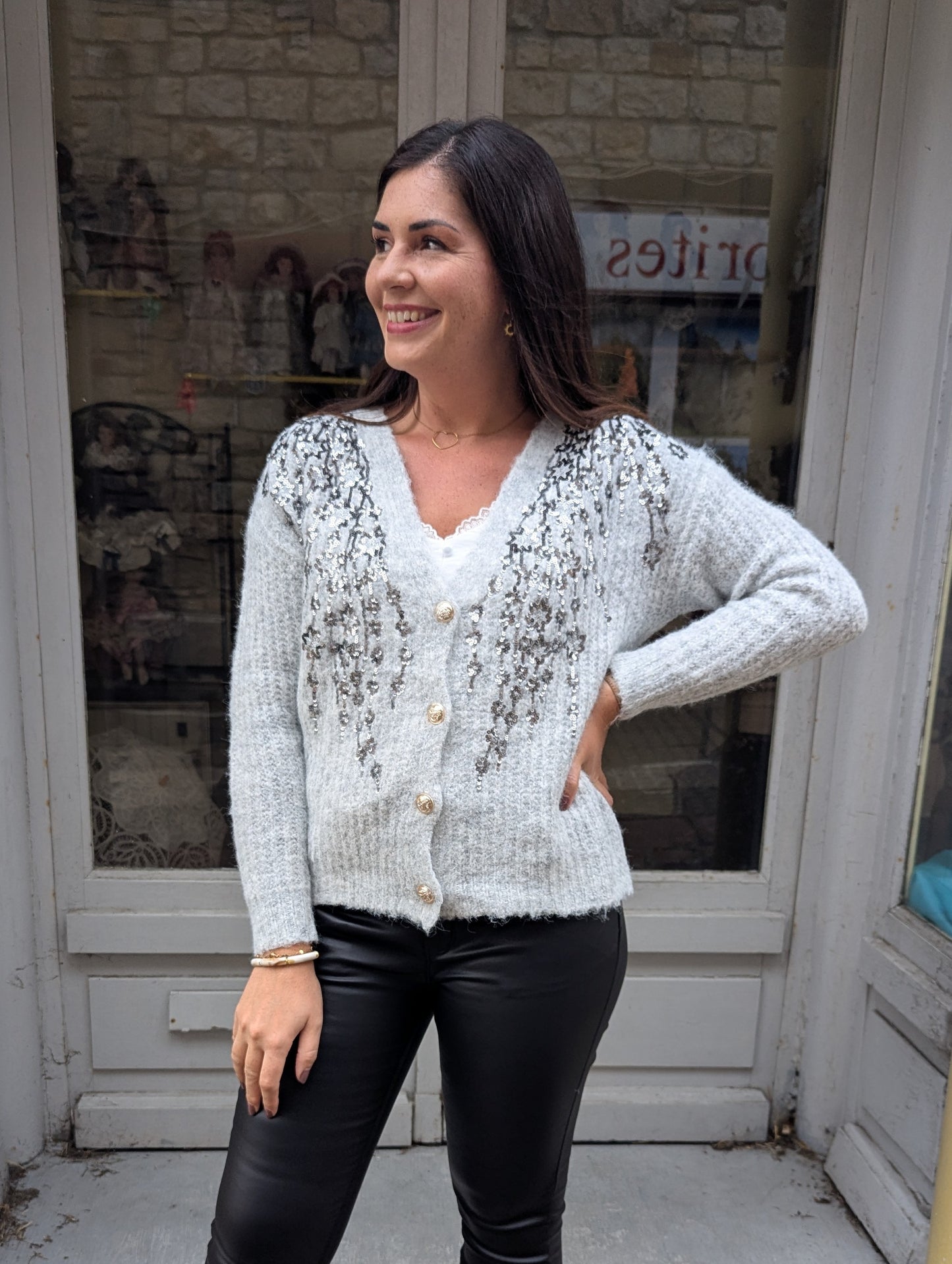 Gilet cardigan gilet femme gris et sequins argentés