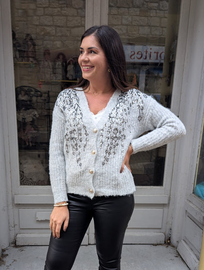 Gilet cardigan gilet femme gris et sequins argentés