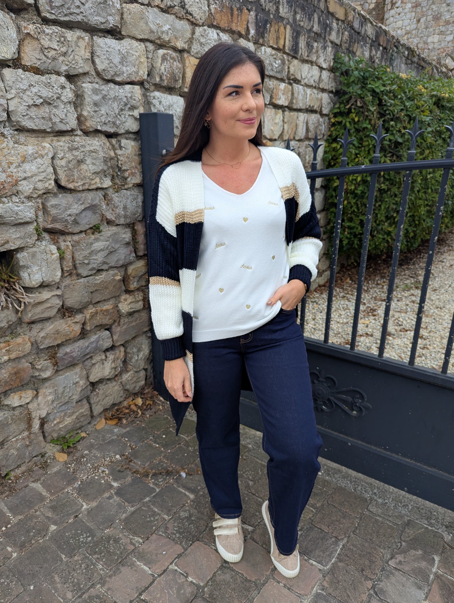 Gilet long bleu marine blanc doré rayures femme