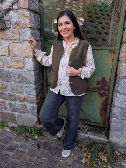 Blouse bohème beige et kaki avec broderies