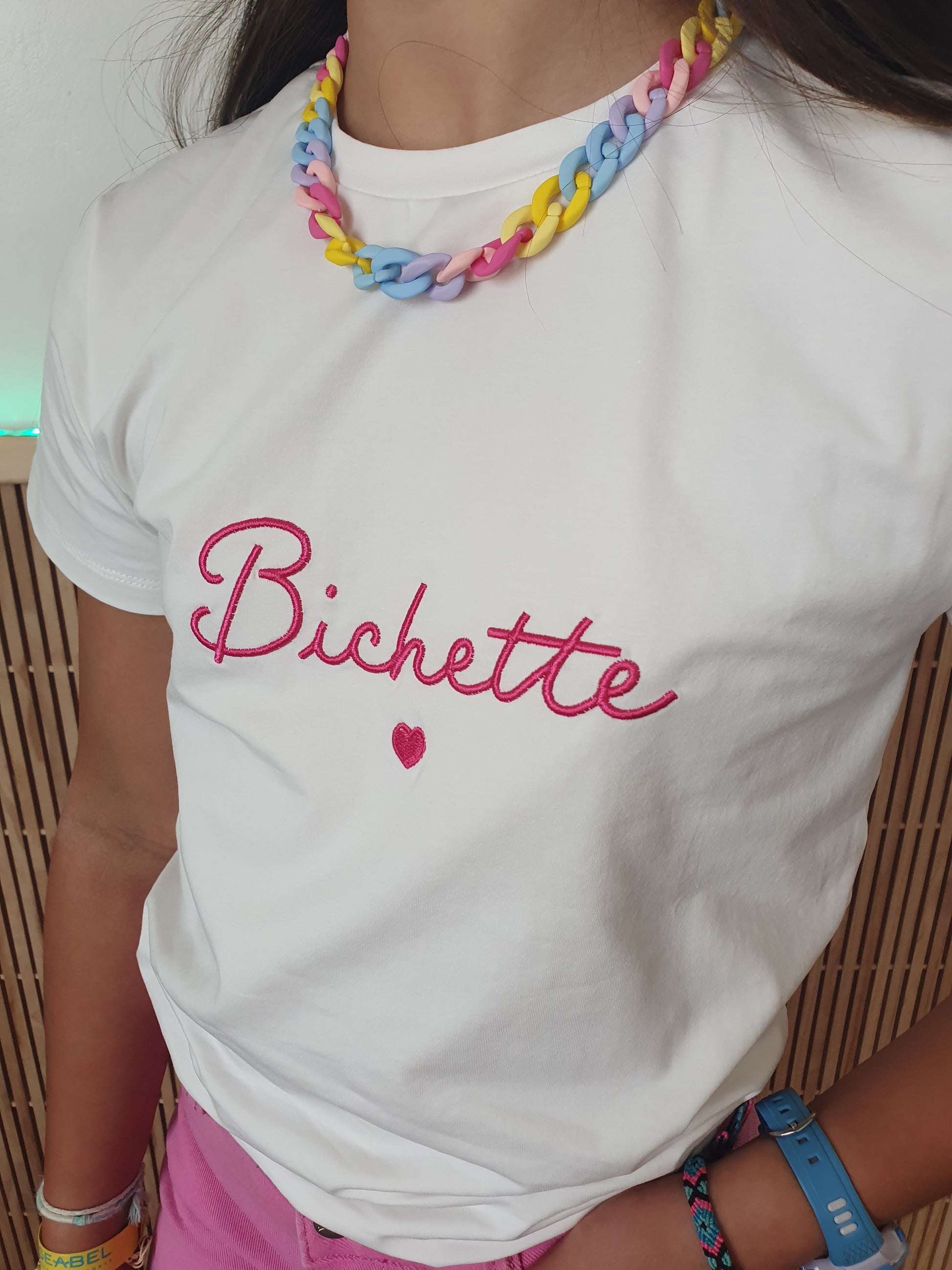 T-shirt Bichette blanc et rose fushia col rond fille