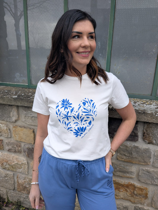 T-shirt mon coeur blanc et bleu pour femme col en v