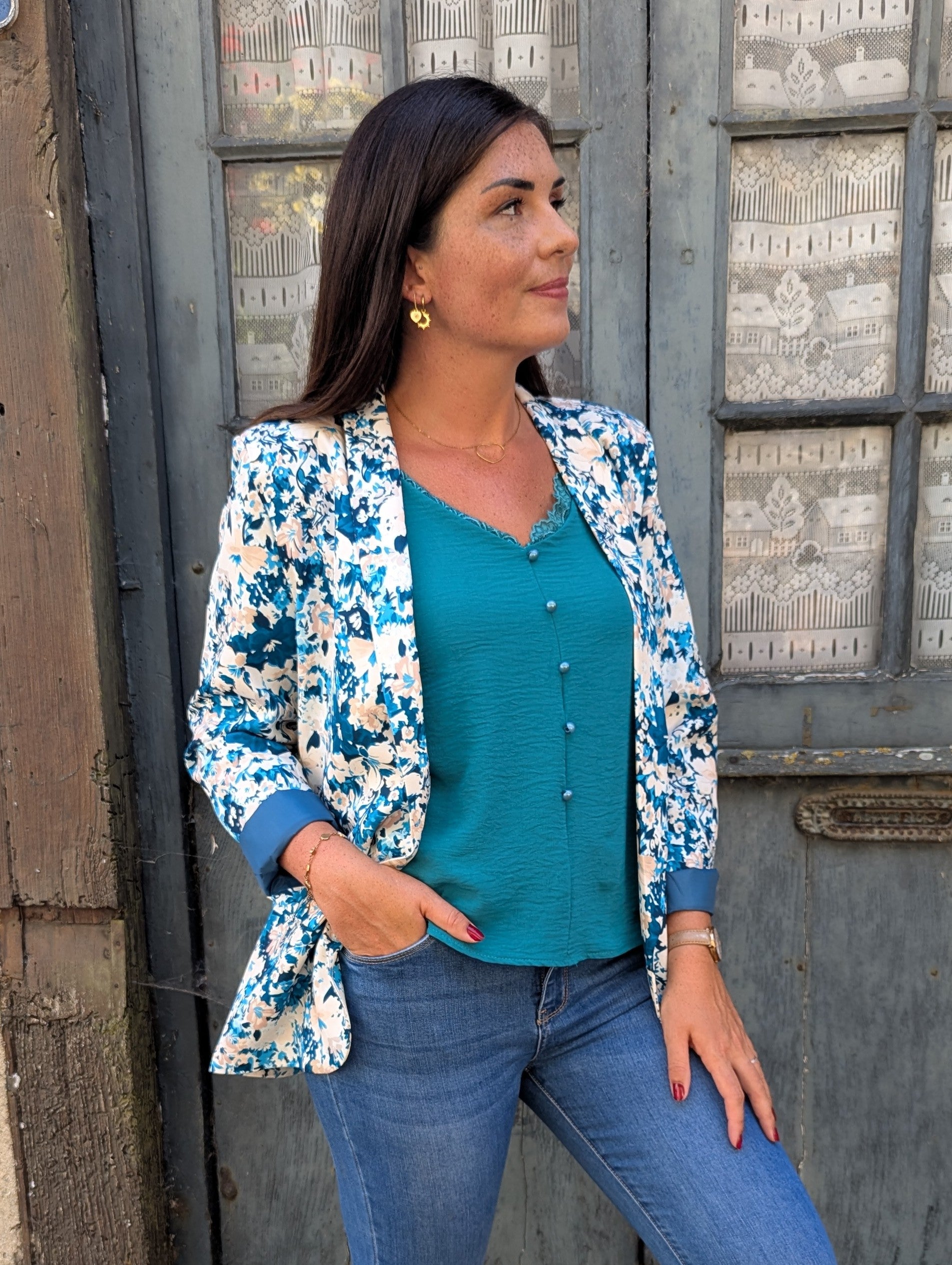 Veste blazer femme imprimé bleu canard et beige