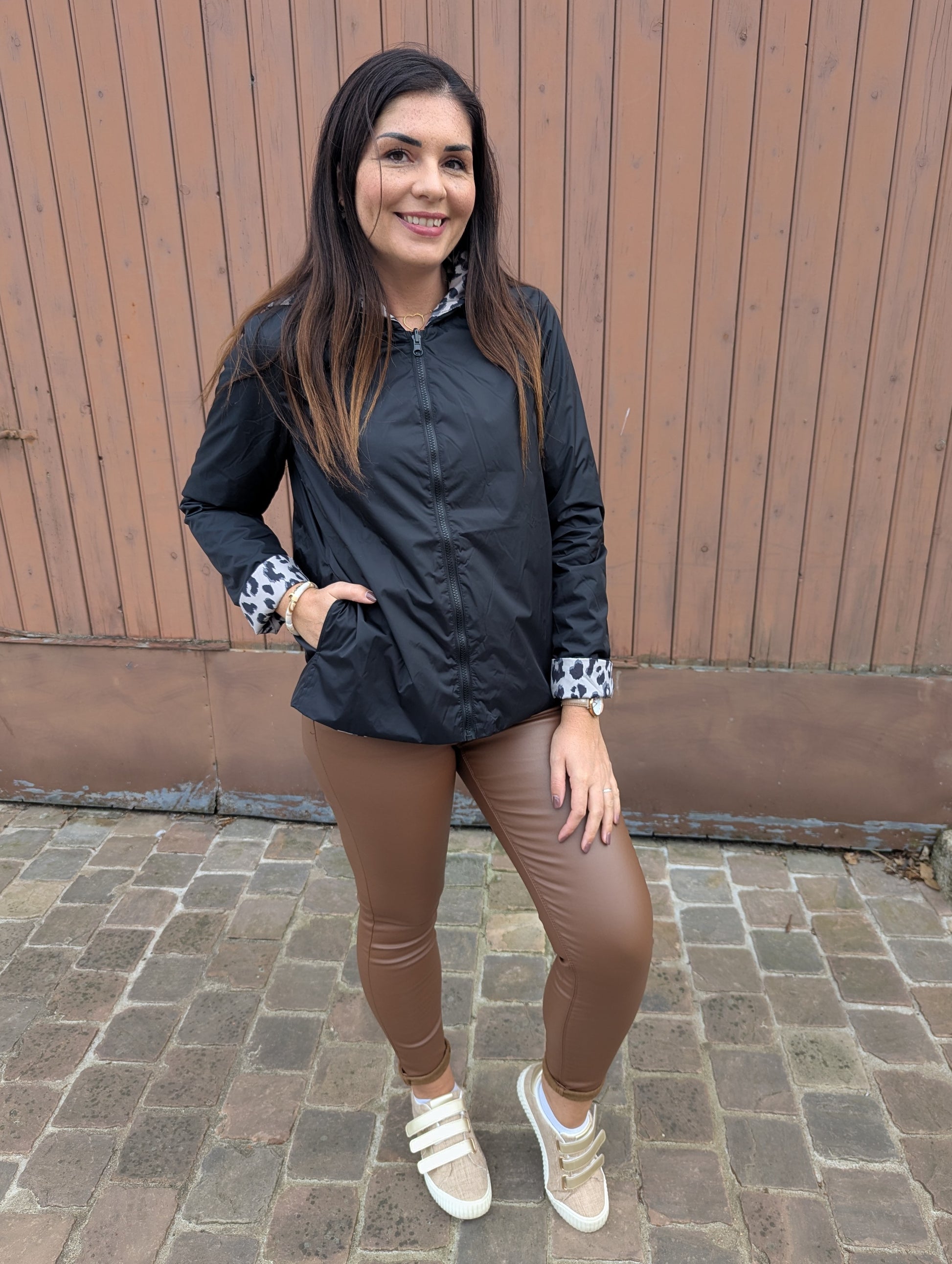 Parka réversible Laura Jo noir imprimé léopard imperméable