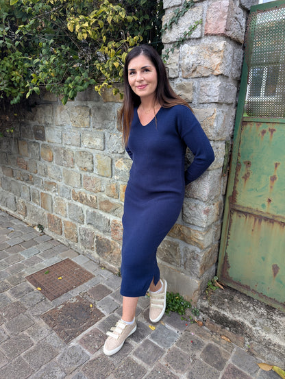 Robe pull bleu marine col en v stretch femme