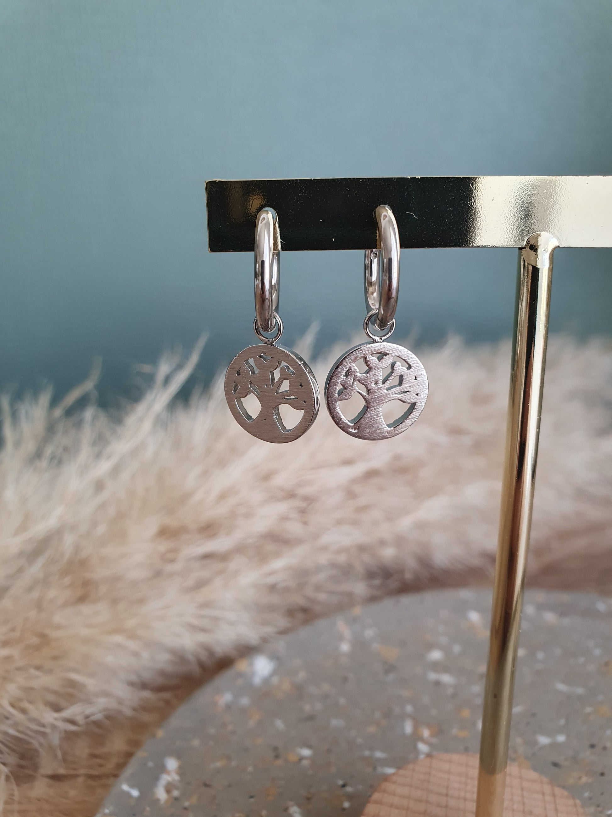 Boucles d'oreilles créoles arbre de vie doré argenté femme