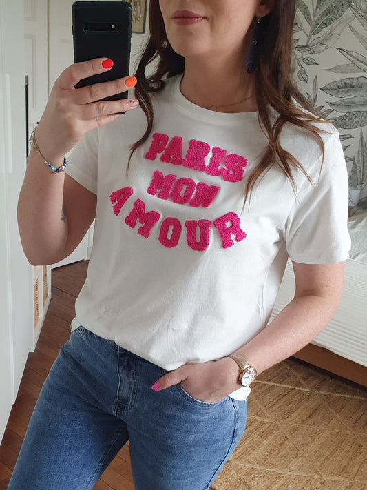 T-shirt PARIS MON AMOUR blanc et rose col rond avec moumoute