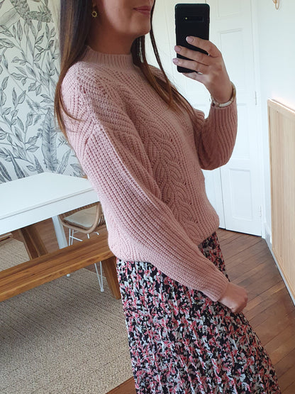Pull ajouré rose pâle grosses mailles tendance pour femme