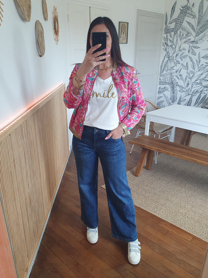 Bomber femme rose multicolore avec détails dorés poches