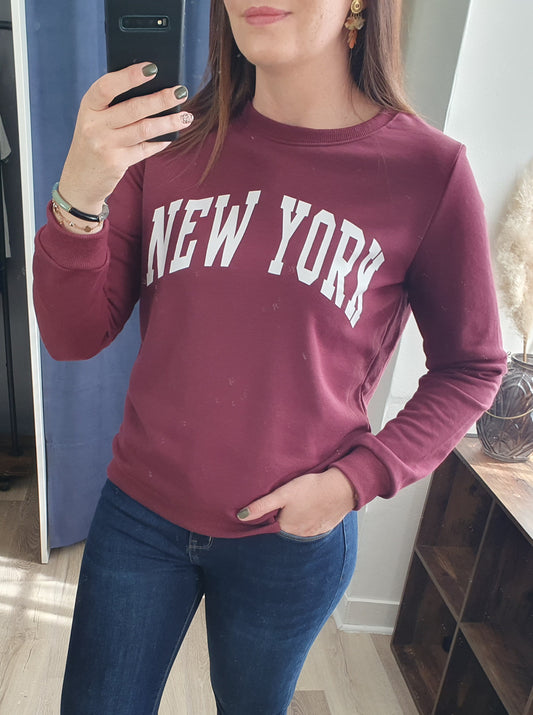 Sweat new york bordeaux et blanc femme col rond