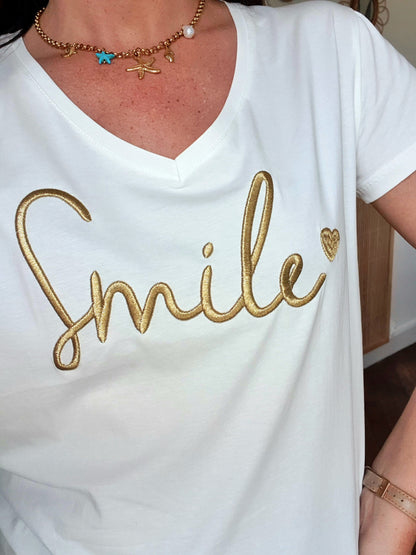 T-shirt Smile blanc et doré oversize col v pour femme