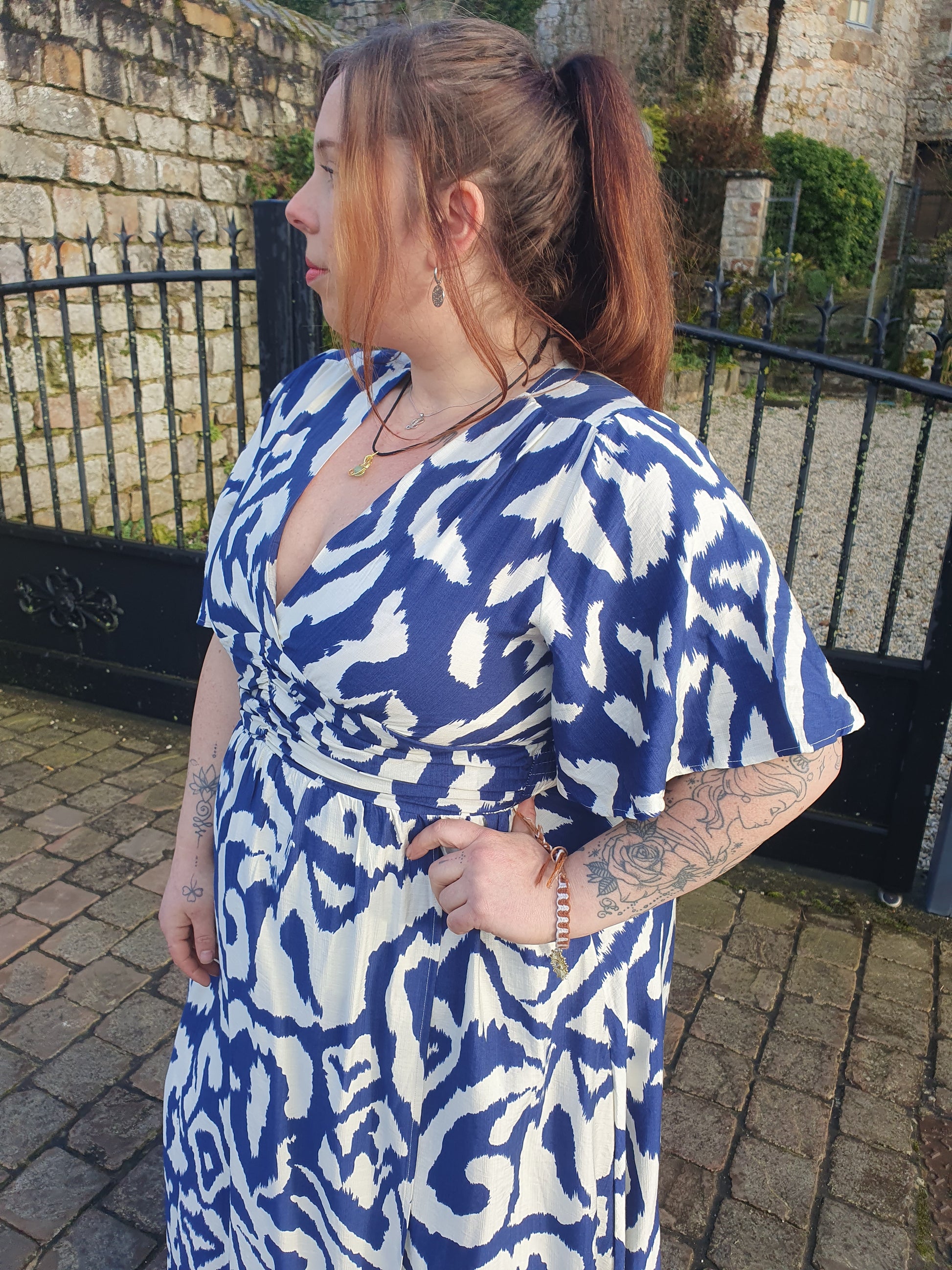 Robe longue effet lin bleu et blanc grande taille curvy