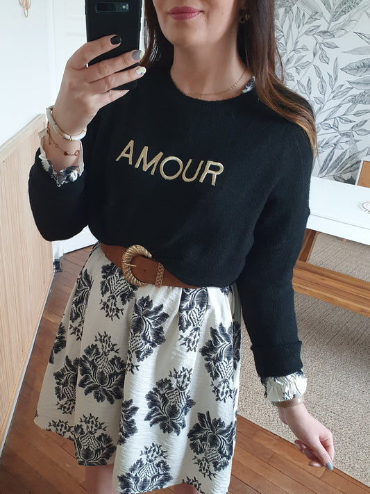 Pull oversize noir amour doré coupe loose col bateau