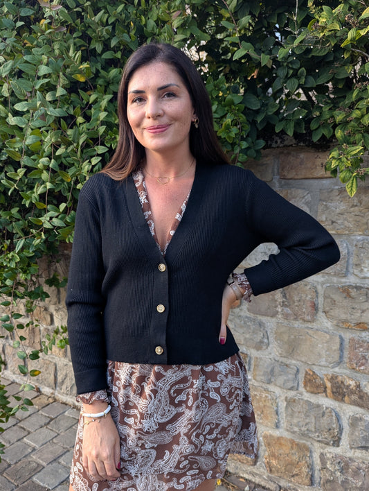 Gilet noir femme avec 3 boutons devant col en V