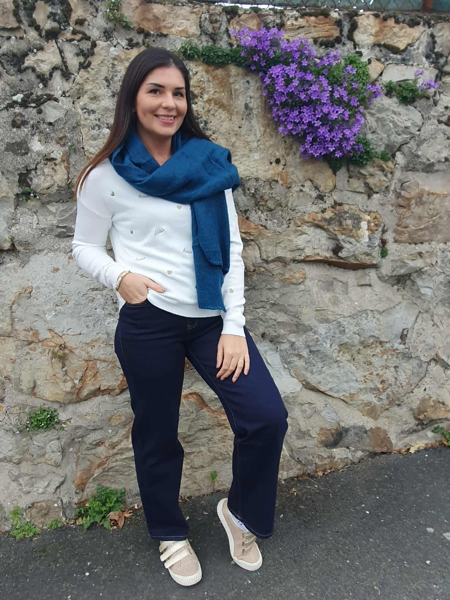 Echarpe unie bleu canard femme en laine