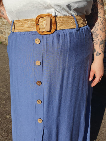 Jupe longue bleu jean avec ceinture paille élastique