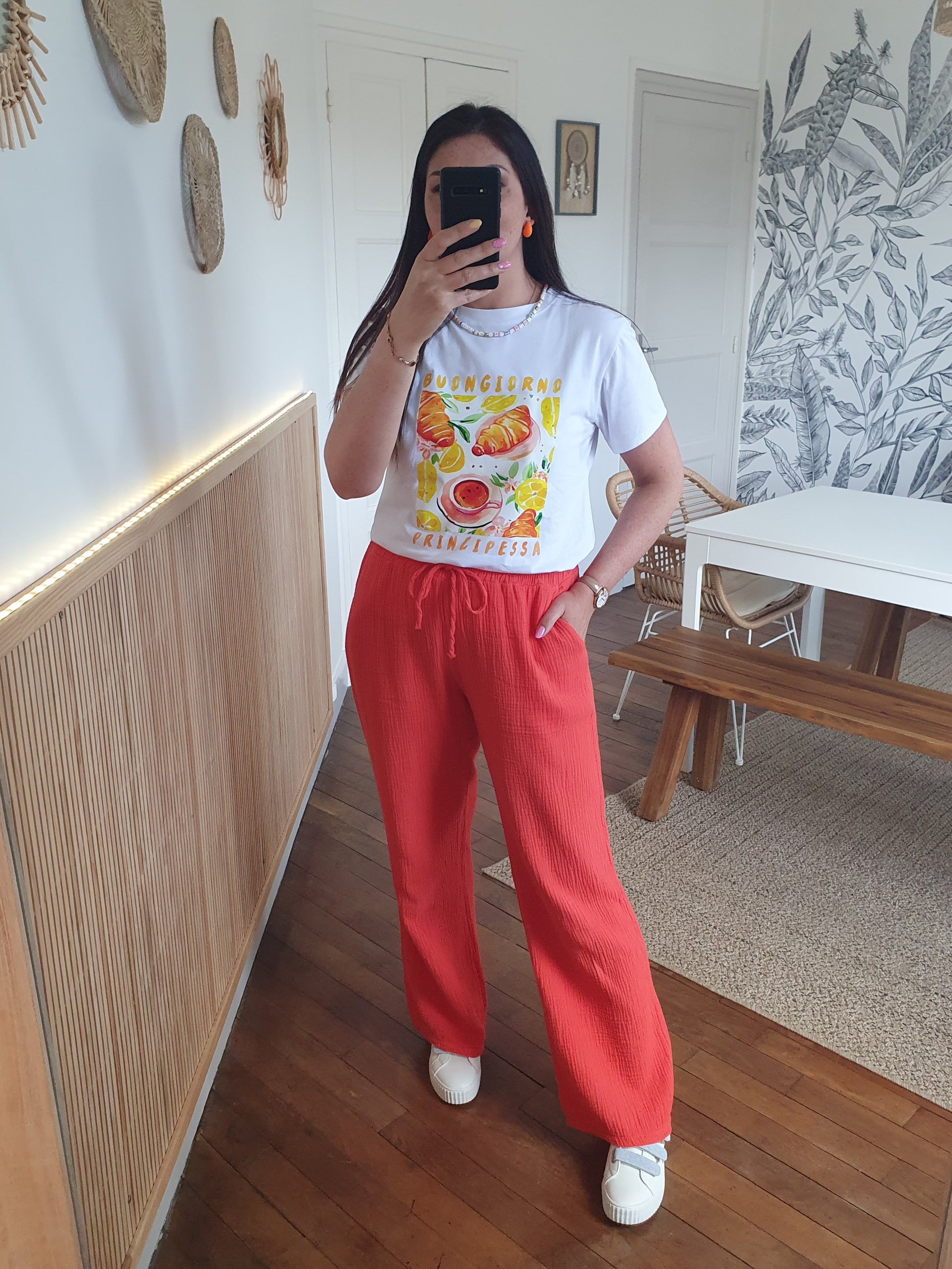 Pantalon gaze de coton couleur corail taille unique femme