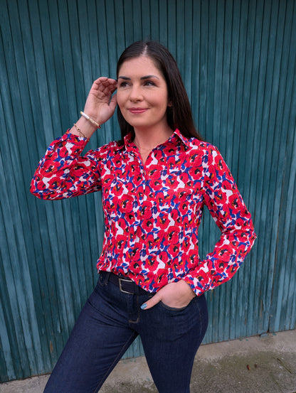 Chemise fluide imprimé fleurs coquelicots fushia bleu