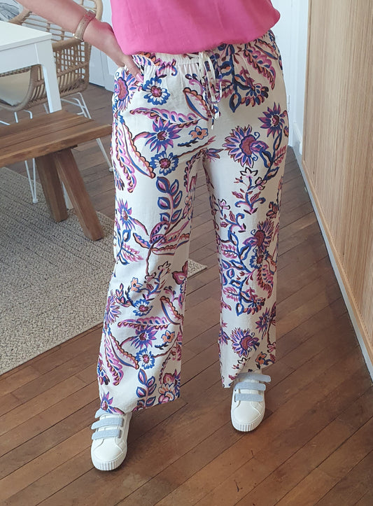 Pantalon fluide fleuri écru rose taille haute noeud devant