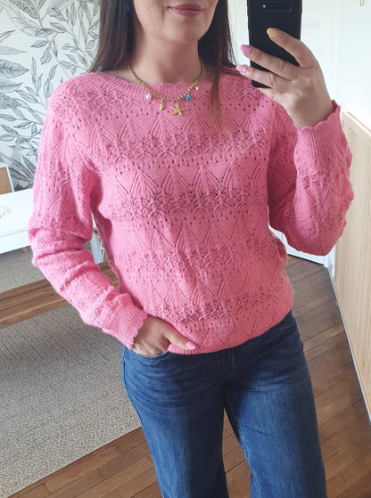 Gilet reversible rose vif forme cache-cœur mailles ajourées