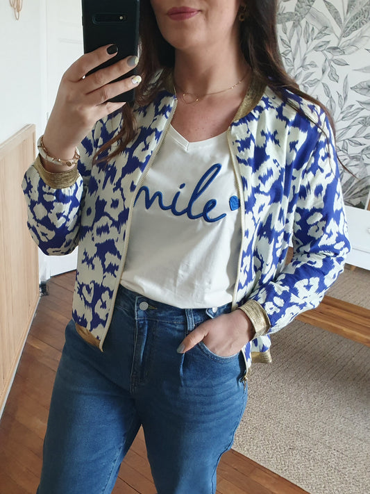Bomber femme bleu marine et blanc léopard détails dorés