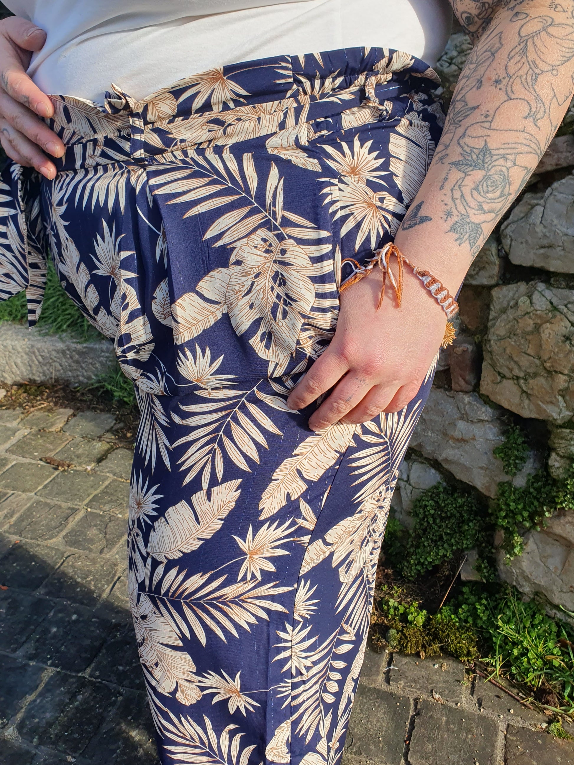 Pantalon fluide femme grande taille motif tropical marine