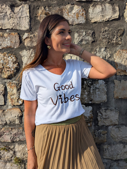 T-shirt good vibes blanc marron taille unique femme