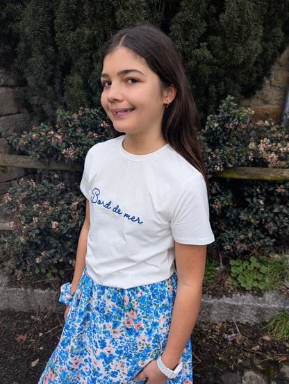 T-shirt fille bord de mer blanc et bleu