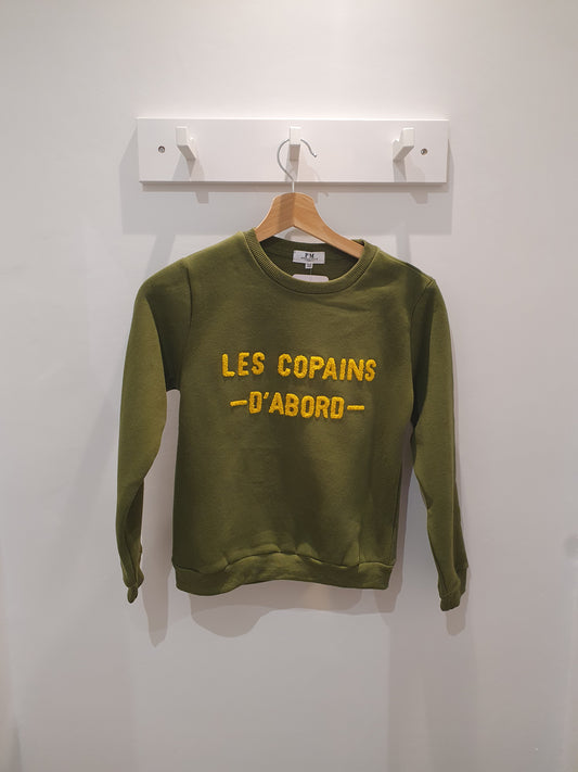 Sweat les copains d'abord kaki jaune moutarde garcon