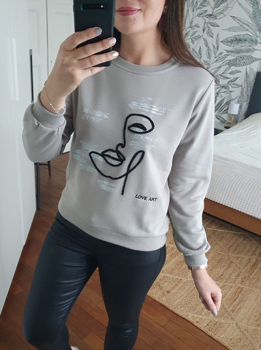 Sweat gris Love art col rond effet irisé molletonné