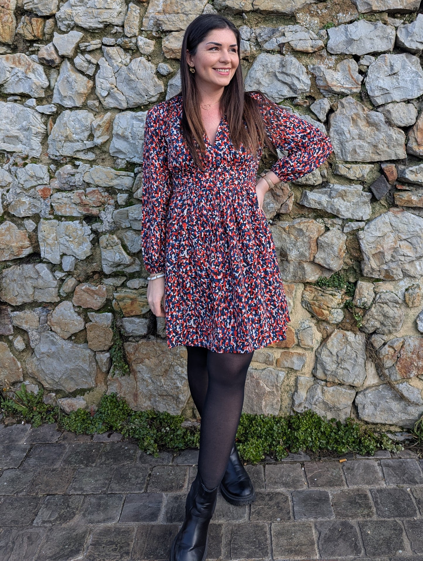 Robe de fêtes noir et beige camel manches longues