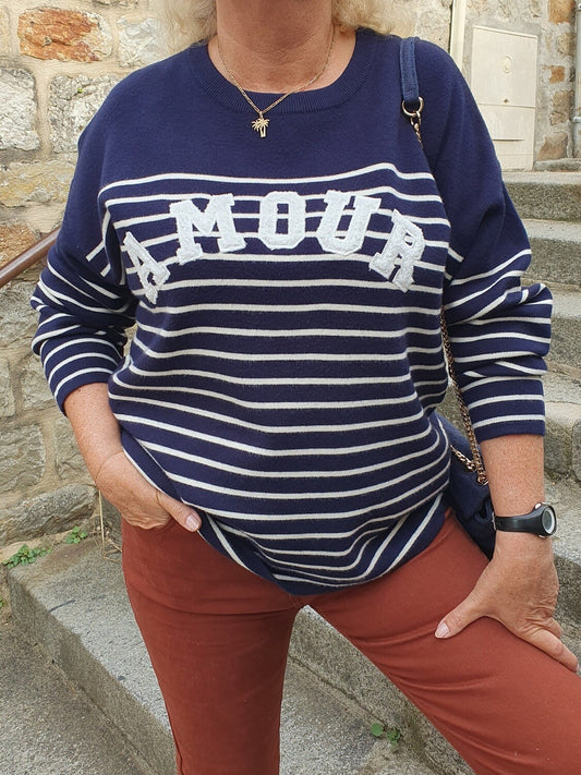 Pull rayé marinière bleu marine et blanc amour grande taille