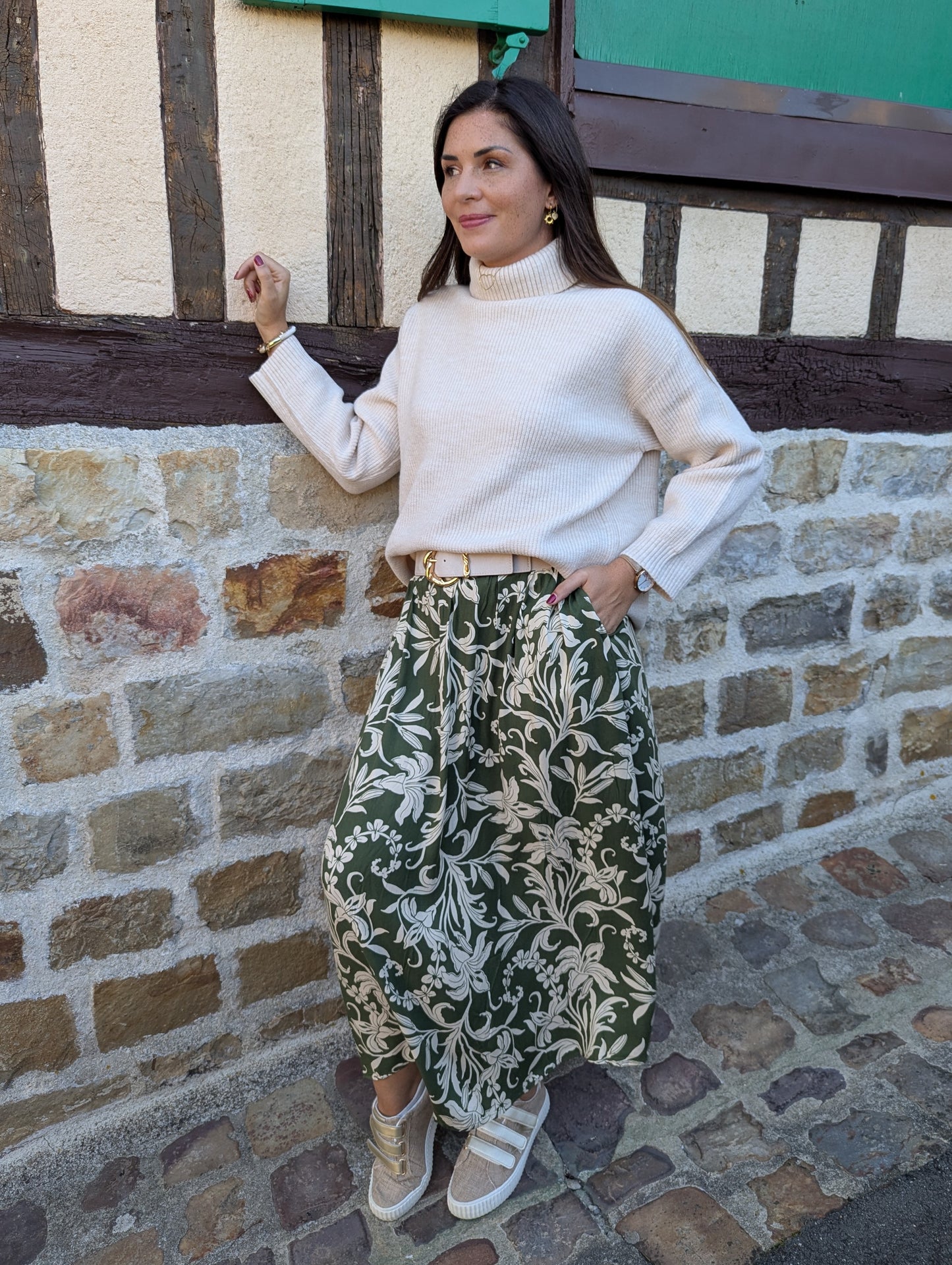 Jupe longue kaki et beige motif fleurs avec 2 poches