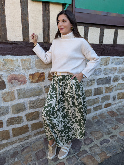 Jupe longue kaki et beige motif fleurs avec 2 poches