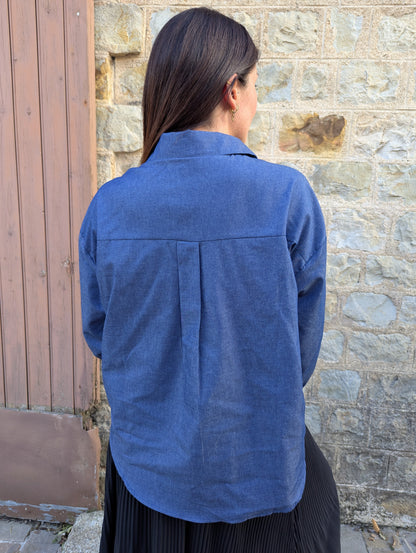 Chemise jean femme avec broderies fleurs devant