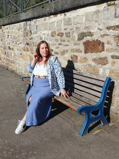 Jupe longue bleu jean avec ceinture paille élastique