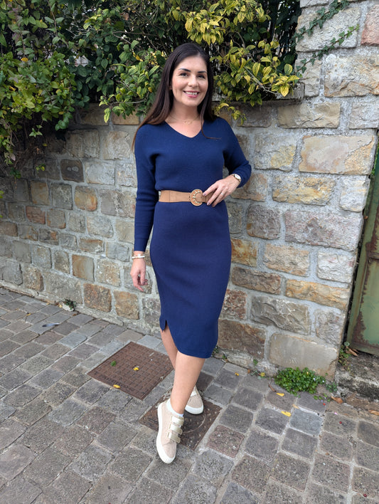 Robe pull bleu marine col en v stretch femme