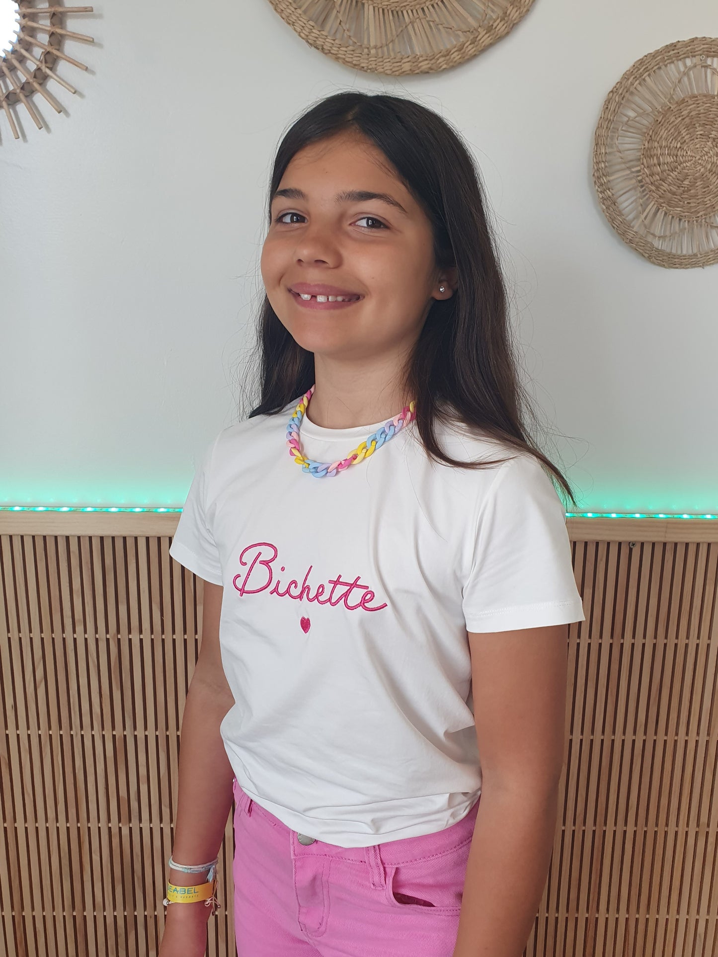 T-shirt Bichette blanc et rose fushia col rond fille