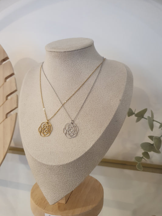 Collier fleur rose acier inoxydable doré et argenté femme